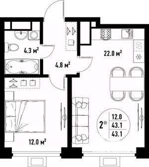 2-к квартира, вторичка, 43м2, 20/25 этаж