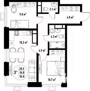 3-к квартира, вторичка, 57м2, 21/25 этаж