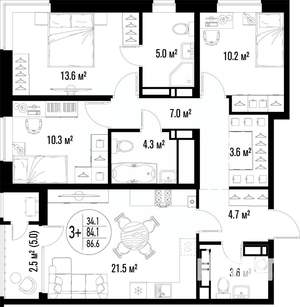 3-к квартира, строящийся дом, 87м2, 8/25 этаж