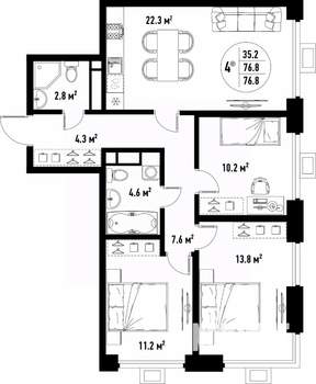 4-к квартира, вторичка, 77м2, 25/25 этаж