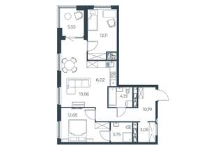 2-к квартира, строящийся дом, 77м2, 27/30 этаж