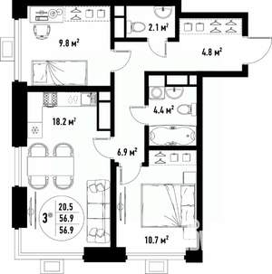 3-к квартира, вторичка, 57м2, 17/25 этаж