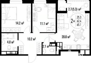 2-к квартира, вторичка, 65м2, 6/20 этаж