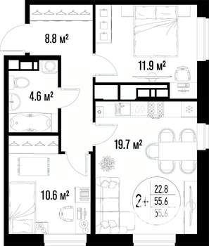 2-к квартира, вторичка, 56м2, 17/20 этаж