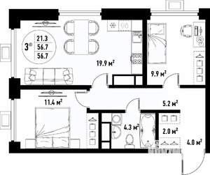 3-к квартира, вторичка, 57м2, 21/25 этаж
