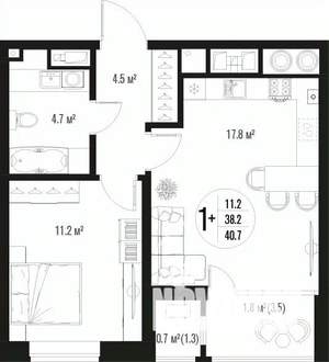 1-к квартира, вторичка, 41м2, 16/17 этаж