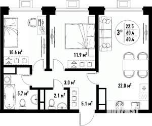 3-к квартира, вторичка, 60м2, 13/25 этаж