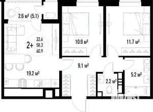 2-к квартира, вторичка, 61м2, 21/25 этаж