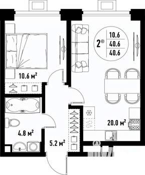 2-к квартира, вторичка, 41м2, 3/25 этаж