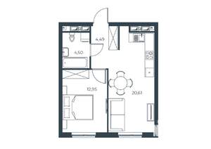1-к квартира, строящийся дом, 43м2, 27/30 этаж