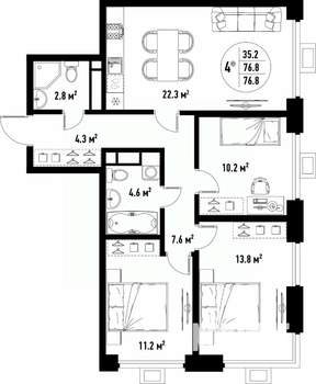 4-к квартира, вторичка, 77м2, 5/25 этаж