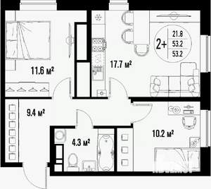 2-к квартира, вторичка, 53м2, 19/25 этаж
