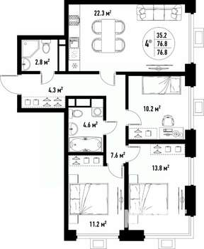 4-к квартира, вторичка, 77м2, 24/25 этаж