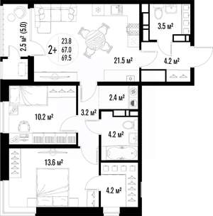 2-к квартира, вторичка, 70м2, 21/25 этаж