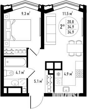 2-к квартира, вторичка, 35м2, 18/24 этаж