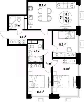 4-к квартира, вторичка, 77м2, 20/25 этаж