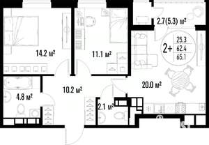 2-к квартира, вторичка, 65м2, 13/20 этаж