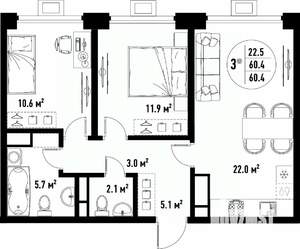 3-к квартира, вторичка, 60м2, 7/25 этаж