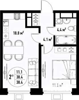 2-к квартира, вторичка, 38м2, 22/25 этаж
