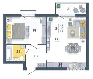 1-к квартира, вторичка, 52м2, 5/17 этаж