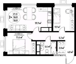 3-к квартира, вторичка, 57м2, 7/25 этаж
