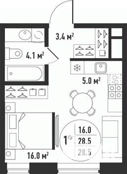 1-к квартира, вторичка, 29м2, 16/24 этаж