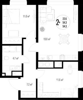 2-к квартира, строящийся дом, 54м2, 10/17 этаж
