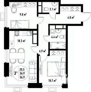 3-к квартира, вторичка, 57м2, 9/25 этаж