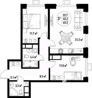 3-к квартира, вторичка, 63м2, 17/25 этаж