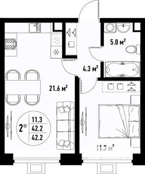 2-к квартира, вторичка, 42м2, 3/25 этаж