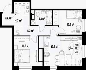 2-к квартира, строящийся дом, 58м2, 24/25 этаж