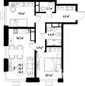 3-к квартира, вторичка, 57м2, 6/25 этаж