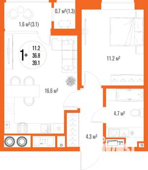 1-к квартира, вторичка, 39м2, 3/17 этаж