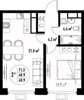 2-к квартира, вторичка, 41м2, 24/25 этаж