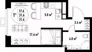 1-к квартира, вторичка, 32м2, 3/25 этаж