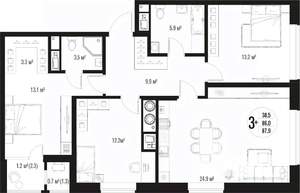 3-к квартира, вторичка, 88м2, 1/17 этаж