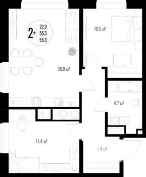 2-к квартира, строящийся дом, 55м2, 10/17 этаж