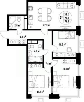 4-к квартира, вторичка, 77м2, 10/25 этаж