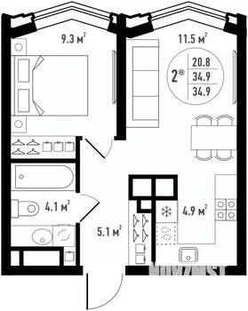 2-к квартира, вторичка, 35м2, 12/24 этаж