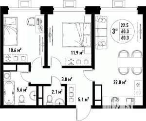 3-к квартира, вторичка, 60м2, 18/25 этаж
