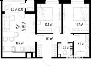 2-к квартира, строящийся дом, 61м2, 20/25 этаж
