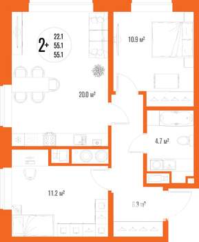 2-к квартира, вторичка, 55м2, 17/17 этаж