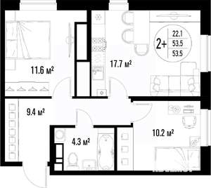 2-к квартира, вторичка, 54м2, 17/25 этаж