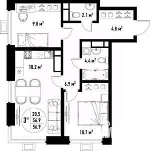 3-к квартира, вторичка, 57м2, 4/25 этаж