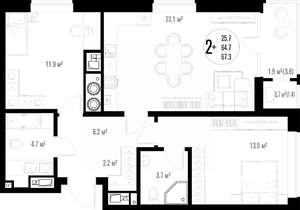 2-к квартира, вторичка, 67м2, 16/17 этаж