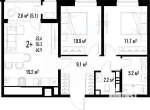 2-к квартира, вторичка, 61м2, 19/25 этаж