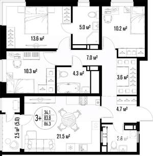 3-к квартира, вторичка, 86м2, 24/25 этаж