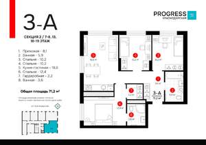3-к квартира, вторичка, 71м2, 8/19 этаж