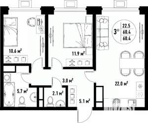 3-к квартира, вторичка, 60м2, 8/25 этаж