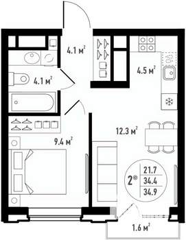 2-к квартира, вторичка, 35м2, 9/24 этаж